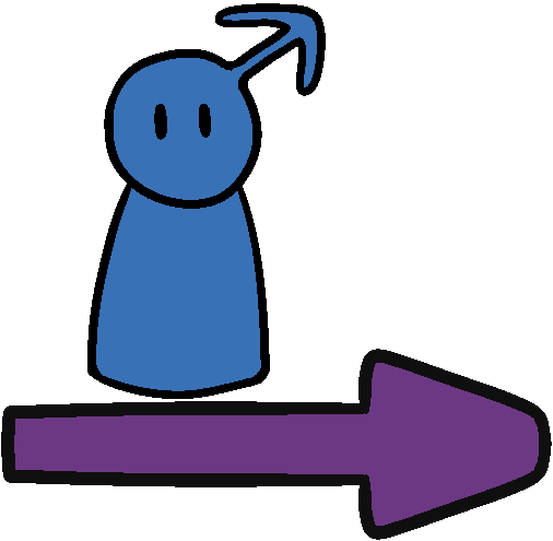 A blue figure standing above a purple arrow pointing right.